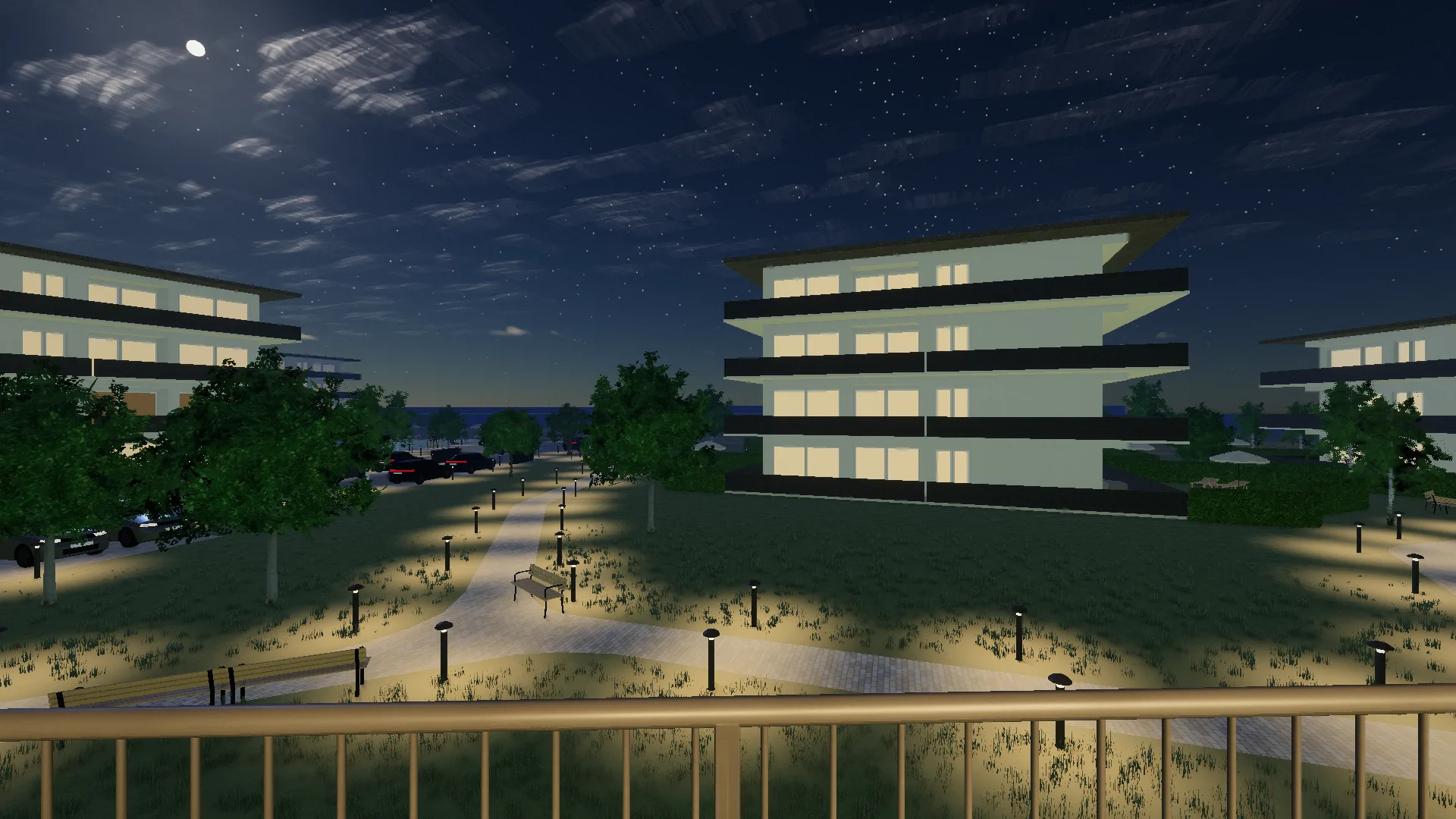 Ein 3D-Rundgang in einer Wohnung der Demo um ein Uhr nachts: Die Aufnahme beginnt draußen auf dem Balkon mit Blick nach außen — der Mond oben links, rechts davon blinkt das rote Positionslicht eines hoch fliegenden Flugzeugs, unter dem Mond fällt eine Sternschnuppe –, dann dreht sich die Kamera auf der Stelle, tritt durch die Fenstertür ein, und ein einziger ununterbrochener Gang führt am Esstisch vorbei durch das Wohnzimmer — an Sofa und Fernseher vorbei — und über den Flur ins Schlafzimmer, wo er vor dem Doppelbett endet.