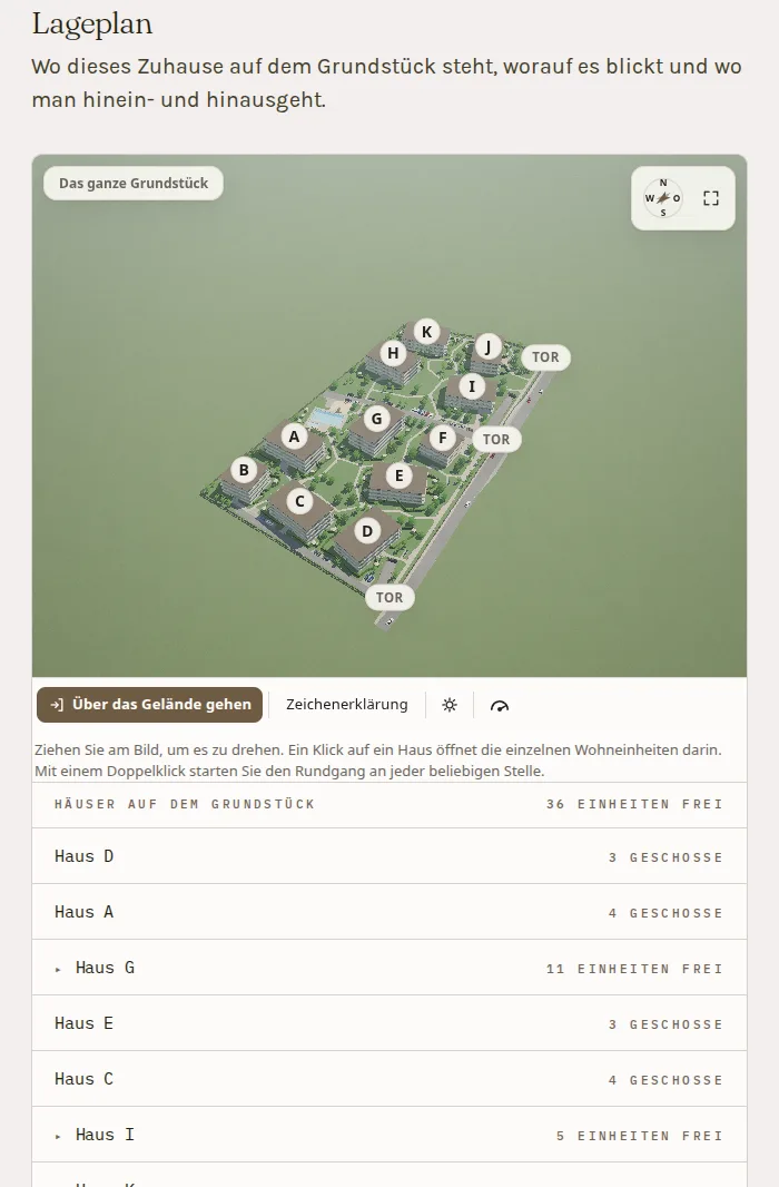 Der Lageplan-Abschnitt der Czigle-Home-Projektseite: der Agro Lakópark in 3D, schräg von oben — elf Gebäude mit den Buchstaben A bis K auf dem grünen Grundstück, mit Pool, Baumreihen, den beiden Toren und der Tiefgaragen-Einfahrt – und rechts die Liste der Häuser, jedes mit seiner Geschosszahl oder seinen freien Wohnungen. Unten links die Schaltflächen „Über das Gelände gehen“ und „Zeichenerklärung“ sowie der Tag-Nacht-Schalter.