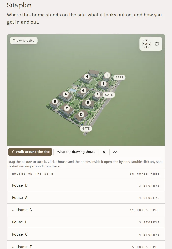 The site-plan section of the Czigle Home project page: the Agro Lakópark in 3D, from above at an angle — eleven buildings lettered A to K on a green plot with the pool, the rows of trees, the two gates and the underground-garage ramp marked — and to the right the list of the houses, each with its number of storeys or its homes for sale. Bottom left the “Walk around the site” and “What the drawing shows” buttons and the day-and-night switch.