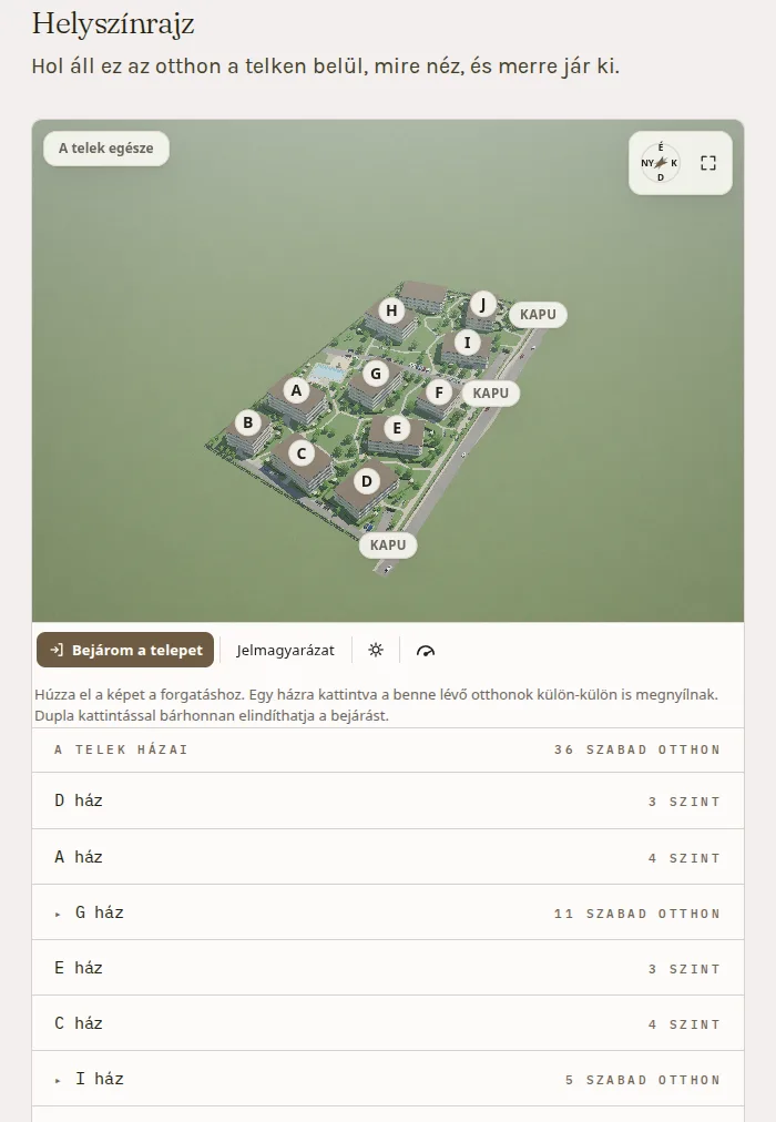 A Czigle Home projektoldalának Helyszínrajz szakasza: az Agro Lakópark 3D-ben, ferde felülnézetből — tizenegy épület A-tól K-ig a zöld telken, rajta a medence, a fasorok, a két kapu és a mélygarázs lehajtója —, jobbra pedig a házak listája, mindegyiknél a szintek számával vagy az eladó otthonokkal. Bal alul a „Bejárom a telepet” és a „Jelmagyarázat” gomb, meg a nappal–éjszaka kapcsoló.