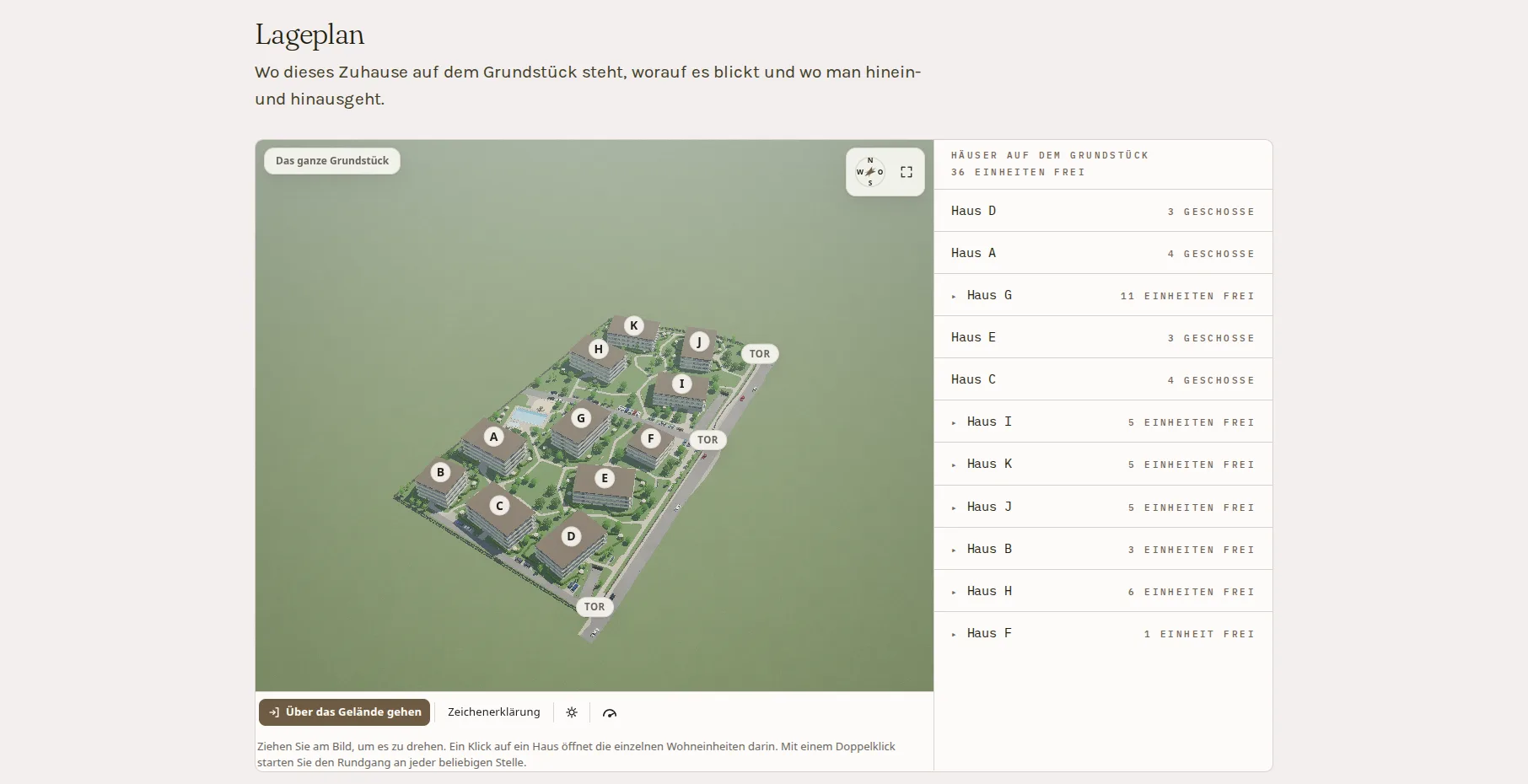 Eine Aufnahme des Lageplans auf cziglehome.hu: Das Grundstück dreht sich unter der Maus, ein Klick auf ein Haus zieht seine Geschosse auseinander und listet die Wohnungen darin mit ihren Preisen, dann kehrt die Ansicht zum ganzen Grundstück zurück.