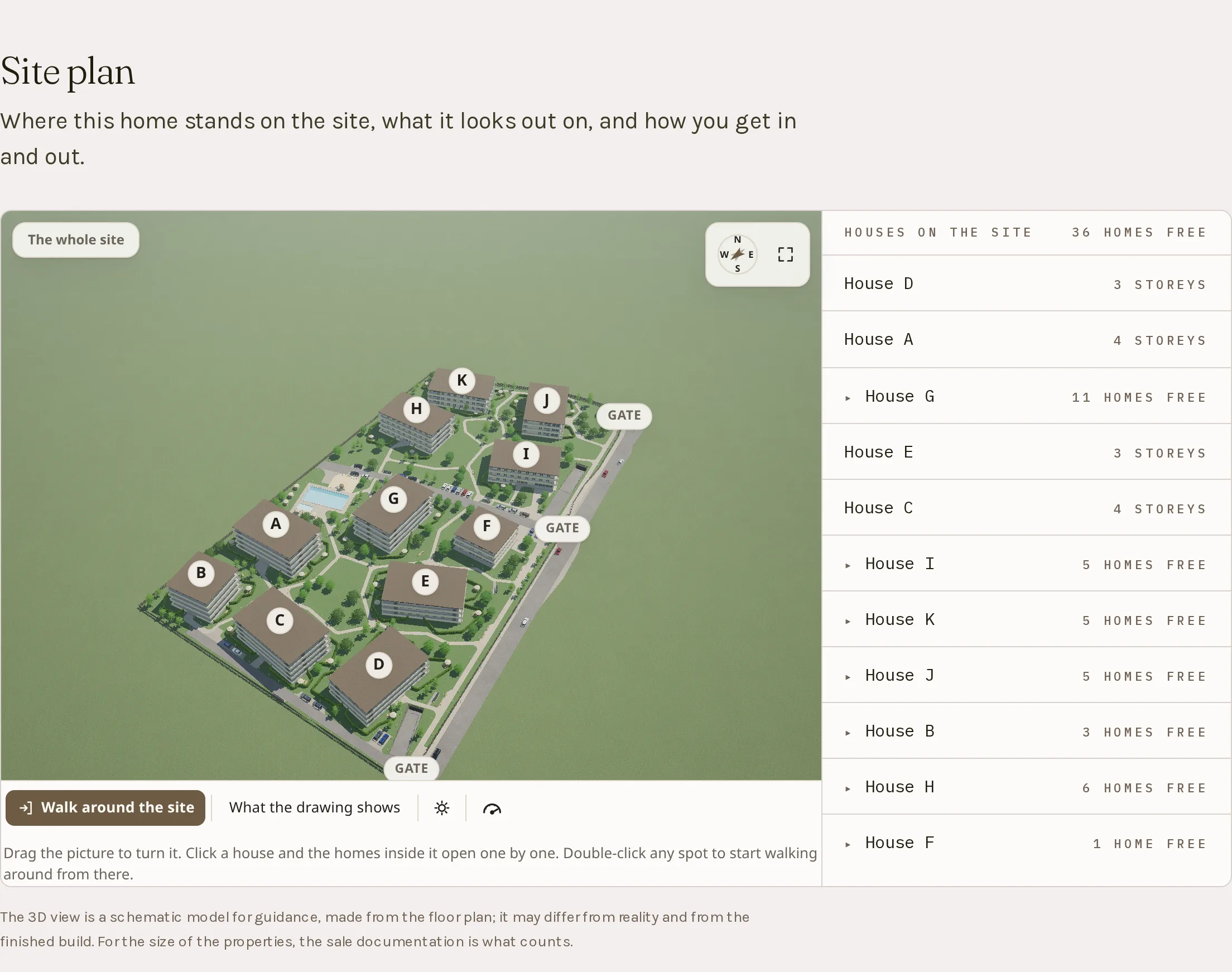 The site-plan section of the Czigle Home project page: the Agro Lakópark in 3D, from above at an angle — eleven buildings lettered A to K on a green plot with the pool, the rows of trees, the two gates and the underground-garage ramp marked — and to the right the list of the houses, each with its number of storeys or its homes for sale. Bottom left the “Walk around the site” and “What the drawing shows” buttons and the day-and-night switch.