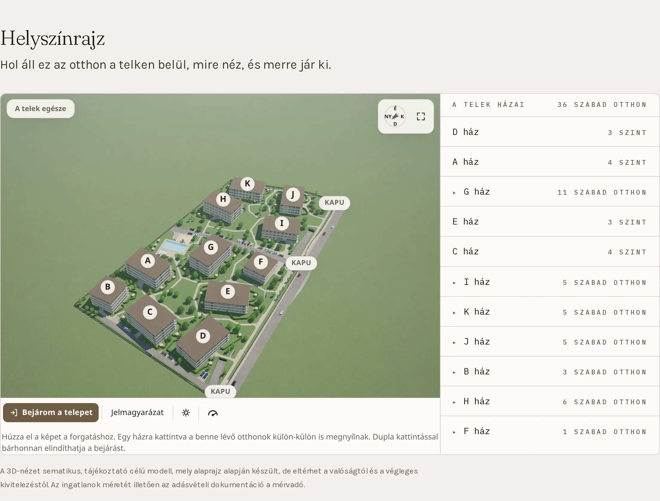 A Czigle Home projektoldalának Helyszínrajz szakasza: az Agro Lakópark 3D-ben, ferde felülnézetből — tizenegy épület A-tól K-ig a zöld telken, rajta a medence, a fasorok, a két kapu és a mélygarázs lehajtója —, jobbra pedig a házak listája, mindegyiknél a szintek számával vagy az eladó otthonokkal. Bal alul a „Bejárom a telepet” és a „Jelmagyarázat” gomb, meg a nappal–éjszaka kapcsoló.